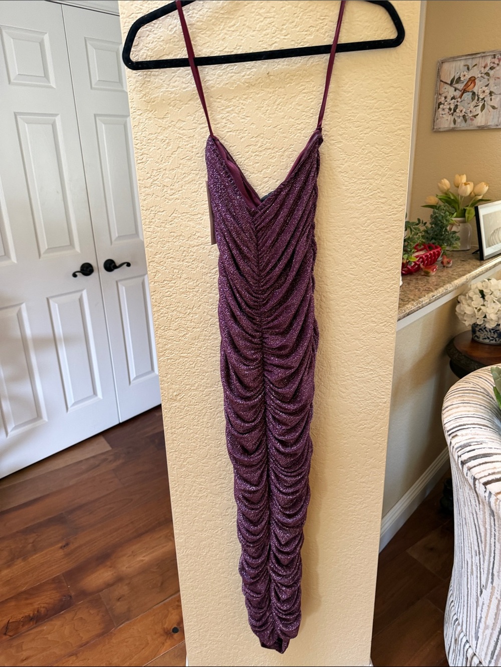 AX Paris Ruched Sparkle Maxi Dress in Deep Purple Strapless